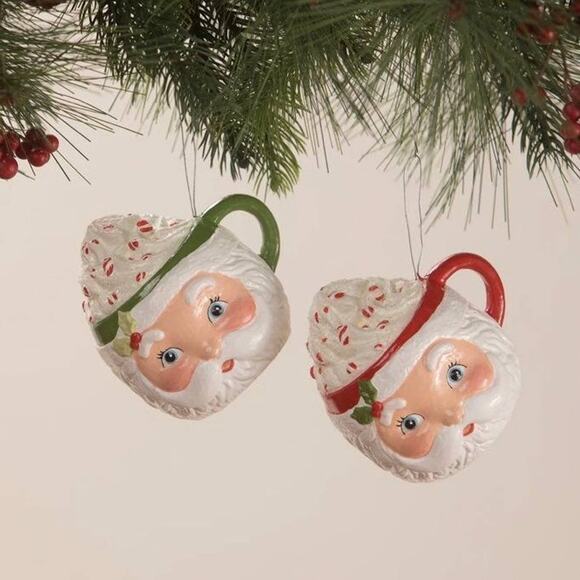 New Set of 2 Bethany Lowe Sweet Tidings Santa Head Mug Ornaments Christmas Red
